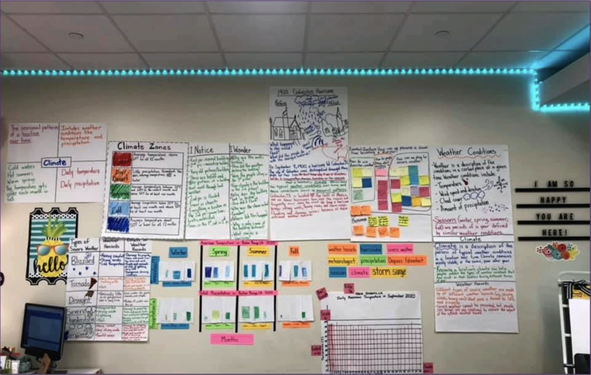 An example of a wall from a PhD Science classroom that includes charts, anchor visuals, and a word wall
