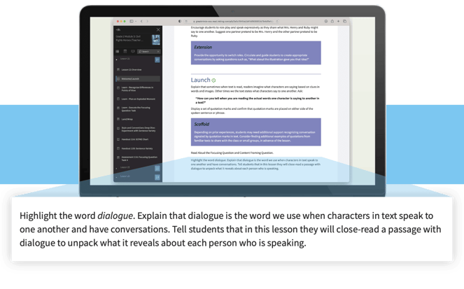 The image shows an excerpt from a Grade 2 lesson, showing the following section: Highlight the word dialogue. Explain that dialogue is the word we use when characters in text speak to one another and have conversations. Tell students that in this lesson they will close-read a passage with dialogue to unpack what it reveals about each person who is speaking.