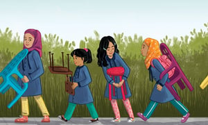 Illustration of hijab clad girls carrying chairs to school.