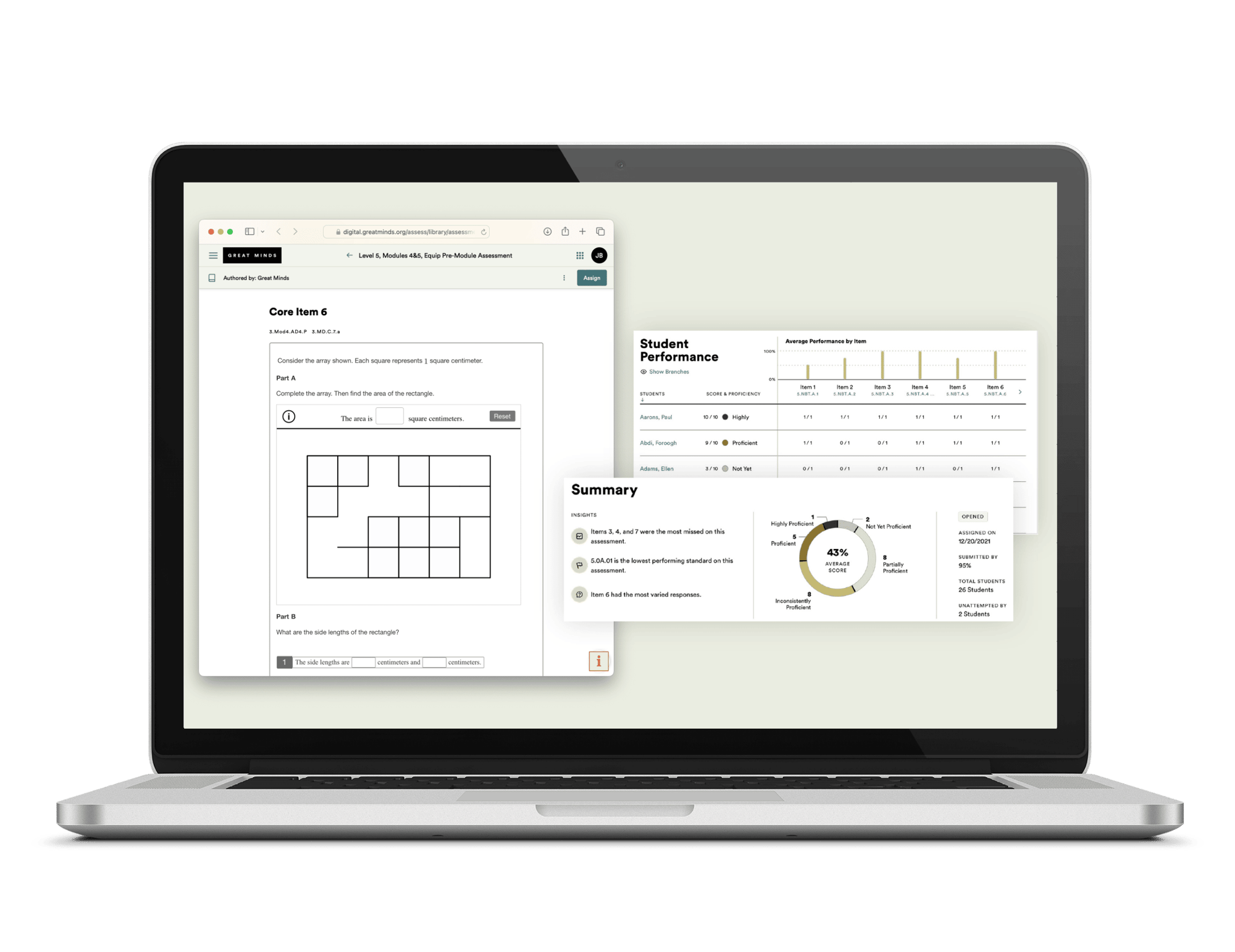 Great Minds Digital Platform - Screenshot showing Grade 3 Module 1 Equip Core Item #6, Equip Summary Results Report,  and Equip Student Performance Report