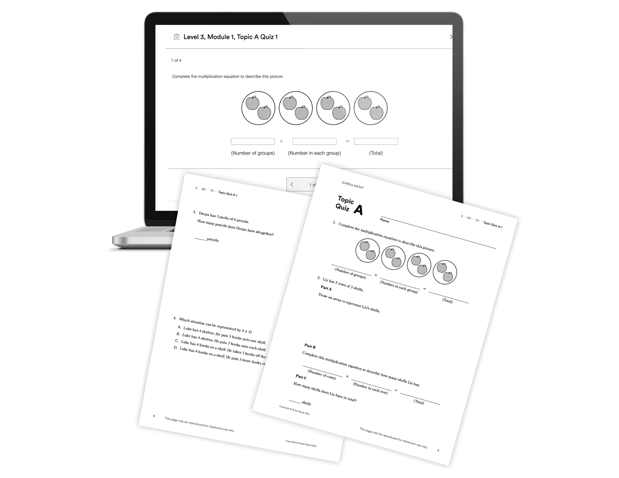 Sample Topic Tickets and Quizzes shown on laptop and handous