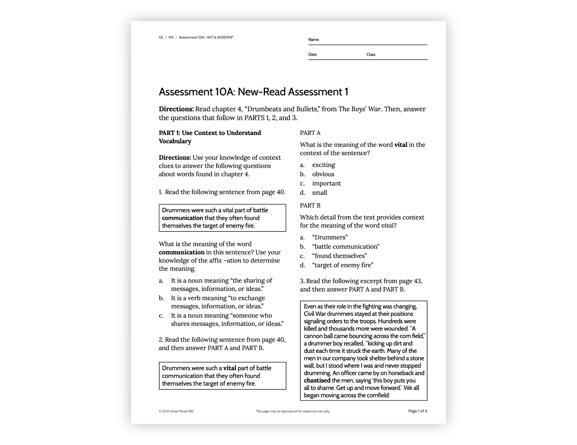 Wit & Wisdom - Sample, Assessment 10A: New-Read Assessment 1