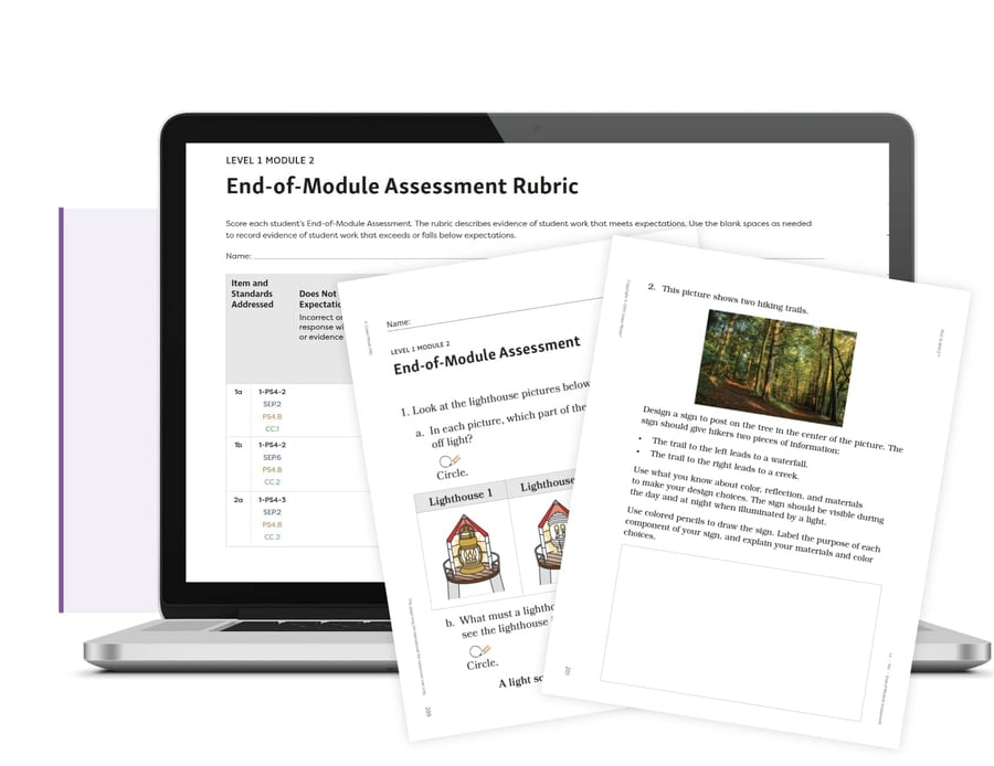 A page from an End-of-Module Assessment in a couple grade levels and a portion of an associated rubric