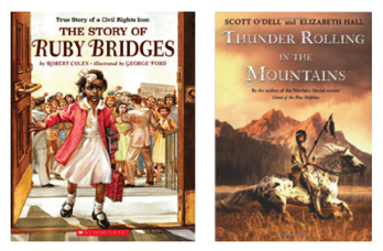Two book covers. The cover on the left features a young girl walking through doors with a crowd of people behind her. The second cover features mountains in the background and a person riding a horse in the foreground. 
