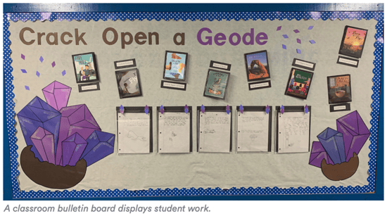 A bulletin board features images of Geodes as well as Geodes texts and student writing on notebook pages.