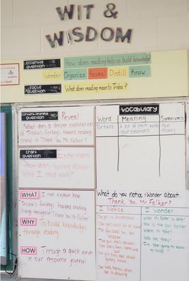 A Wit & Wisdom Notice and Wonder Chart on a classroom bulletin board. Vocabulary words also appear on the board as well as the what, why, and how of the story.