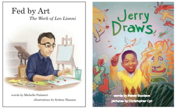 Two book covers. The one on the left features a man sitting at a table painting with an easel in the background. The book cover on the right features a boy drawing a bird and he is surrounded by drawings of other animals, shapes, and people.