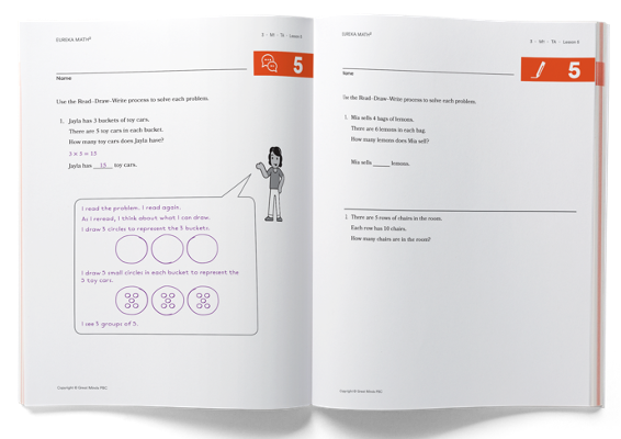 The Apply book for grade levels 1–5 includes Family Math for each module, and Practice Partners and Practice for each lesson. This image of an open Apply book shows a Practice Partner on the left side and a Practice page on the right side.