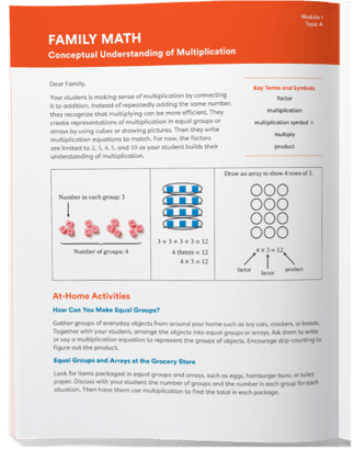 This Family Math letter, which is part of the Apply book, walks caregivers through the concepts from the module and provides suggestions for additional practice and discussion.