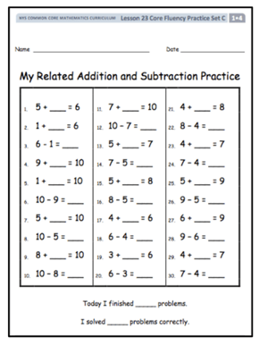 Image showing a Core Fluency Practice, Set C from Grade 1 Module 4, in which students are given a set of related addition and subtraction problems. 