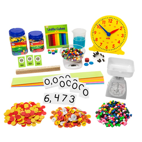 The Eureka Math complete manipulatives kit for Grade 3 includes enough materials for a class of 24 students.