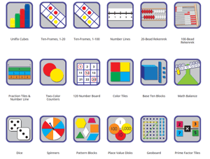 Virtual manipulatives from Didax which are available on the student side of the digital platform. 