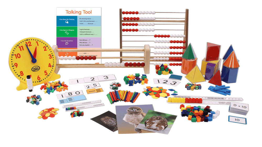 An example of a complete Eureka Math Squared manipulatives kit for Grade Level 1. This kit includes all of the materials needed for 24 students, including two color counters, geometric solids, rekenreks, and more. 