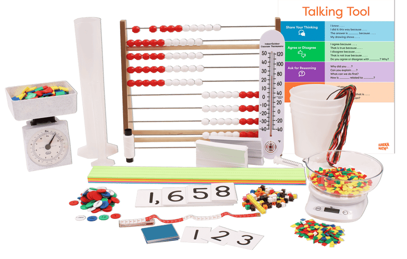 The Eureka Math Squared complete manipulatives kit for Level 3 includes enough materials for a class of 24 students.