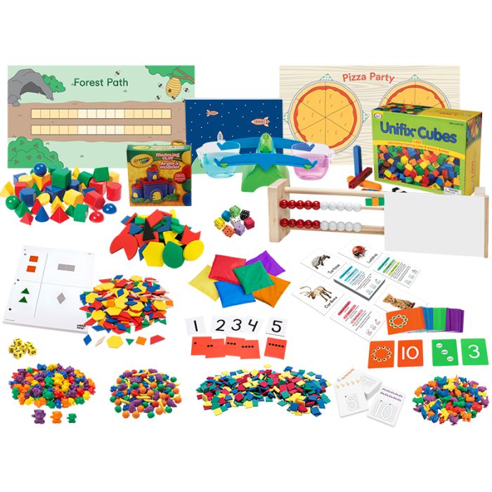 The Eureka Math Squared complete manipulatives kit for prekindergarten includes enough materials for a class of 24 students. 