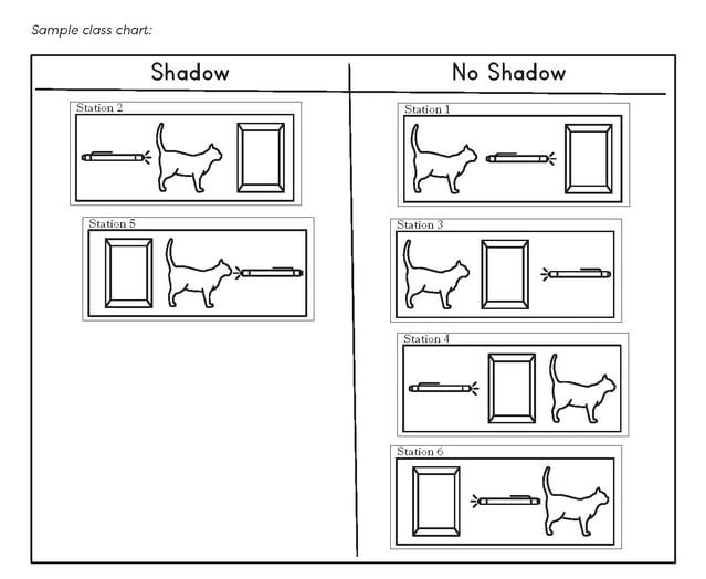 Level 1 Module 2 Lesson 11—Sample class chart for an investigation on light from the Teacher Edition that involves students noticing when a cat toy creates a shadow or not