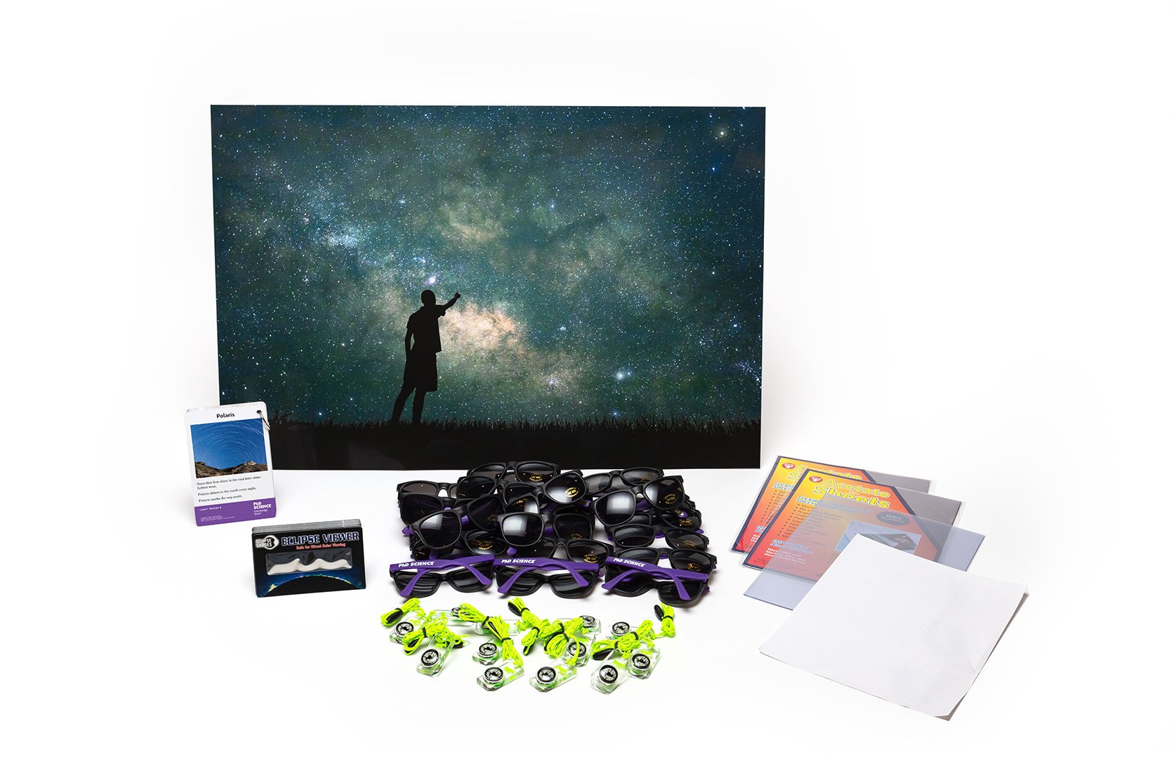 PhD Science hands-on materials kit from Level 1 Module 4 that includes sunglasses, compasses, solar viewers, and Knowledge Deck cards and poster