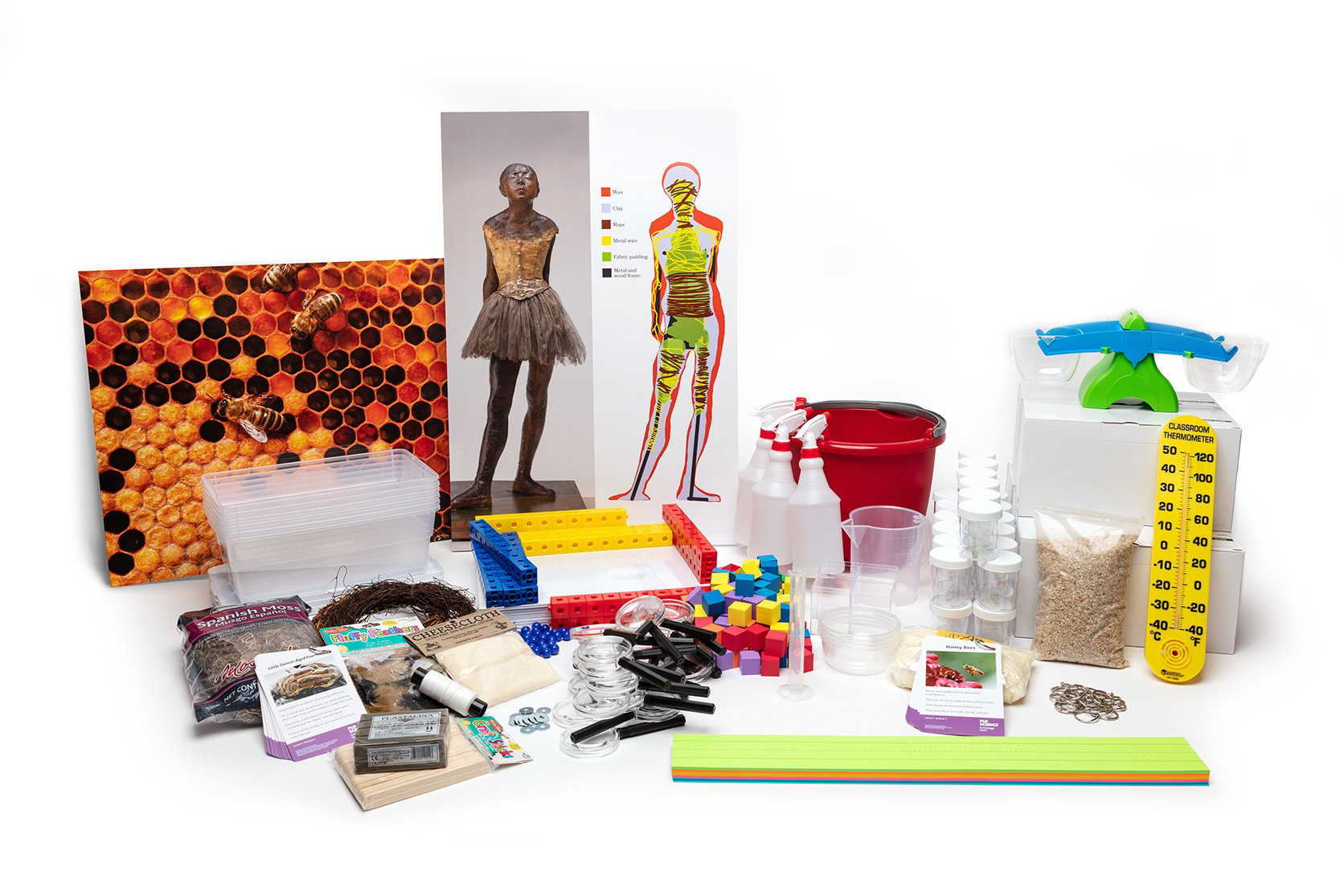 PhD Science hands-on materials kit from Level 2 Module 1 that includes plastic scales, Knowledge Deck cards and posters, and a thermometer