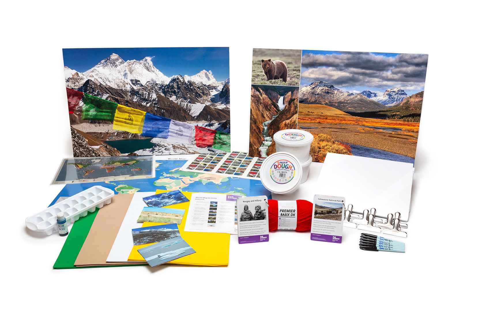 PhD Science hands-on materials kit from Level 2 Module 4 that includes craft foam, modeling dough, whiteboards, and Knowledge Deck cards and posters