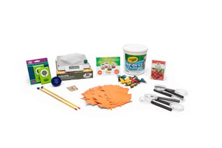 PhD Science hands-on materials kit from Level 3 Module 1 that includes timers, air-dry clay, toy butterflies, seeds, and magnifying glasses