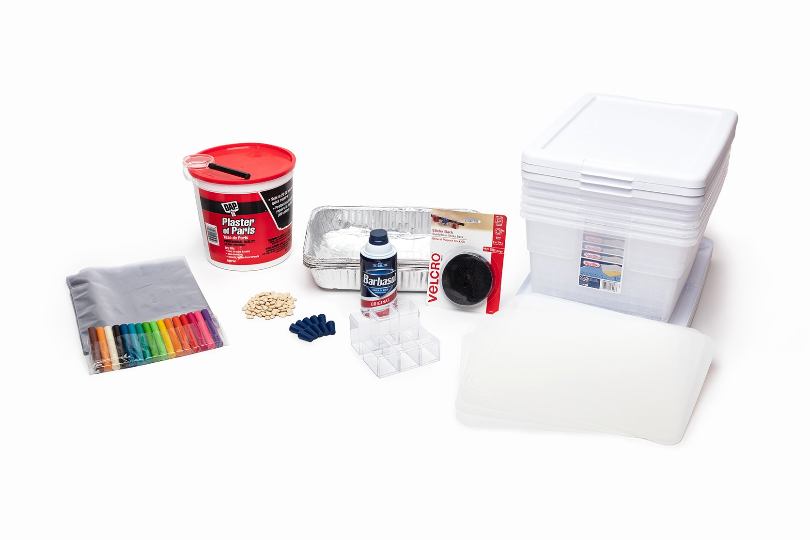 PhD Science hands-on materials kit from Level 4 Module 1 that includes plastic bins, modeling clay, cutting boards, and plaster of Paris