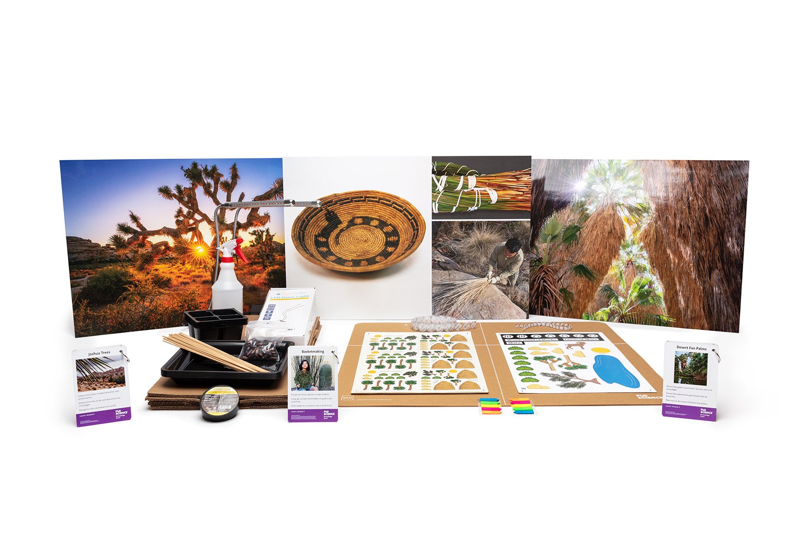 PhD Science hands-on materials kit from Level K Module 3 that includes a physical anchor model, Knowledge Deck cards and posters, and plant containers