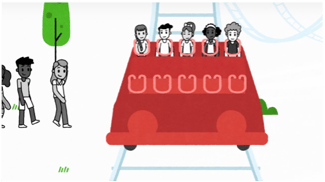 Animated image of five kids sitting in the back row of a large red roller coaster car with more kids approaching to bard the car.