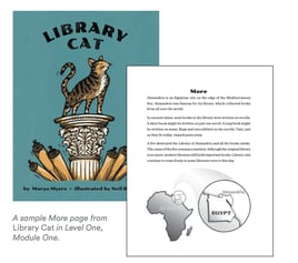 A book cover image with a cat standing on a pedestal with scrolls coming out from the base of the pedestal. Also an image of a book page that is titled "More" and provides additional details about the city of Alexandria in Egypt. 