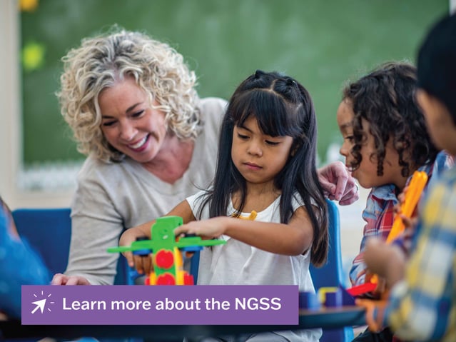 Image shows teacher helping student with model. Link provided to learn more about the NGSS