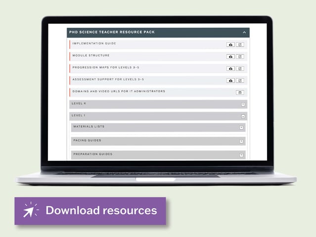 Image of PhD Science Teacher Resource Pack shown on laptop. Link provided to download resources.