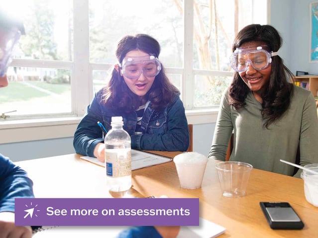 Image shows students doing an experiment. Link provided to see more on assessments.
