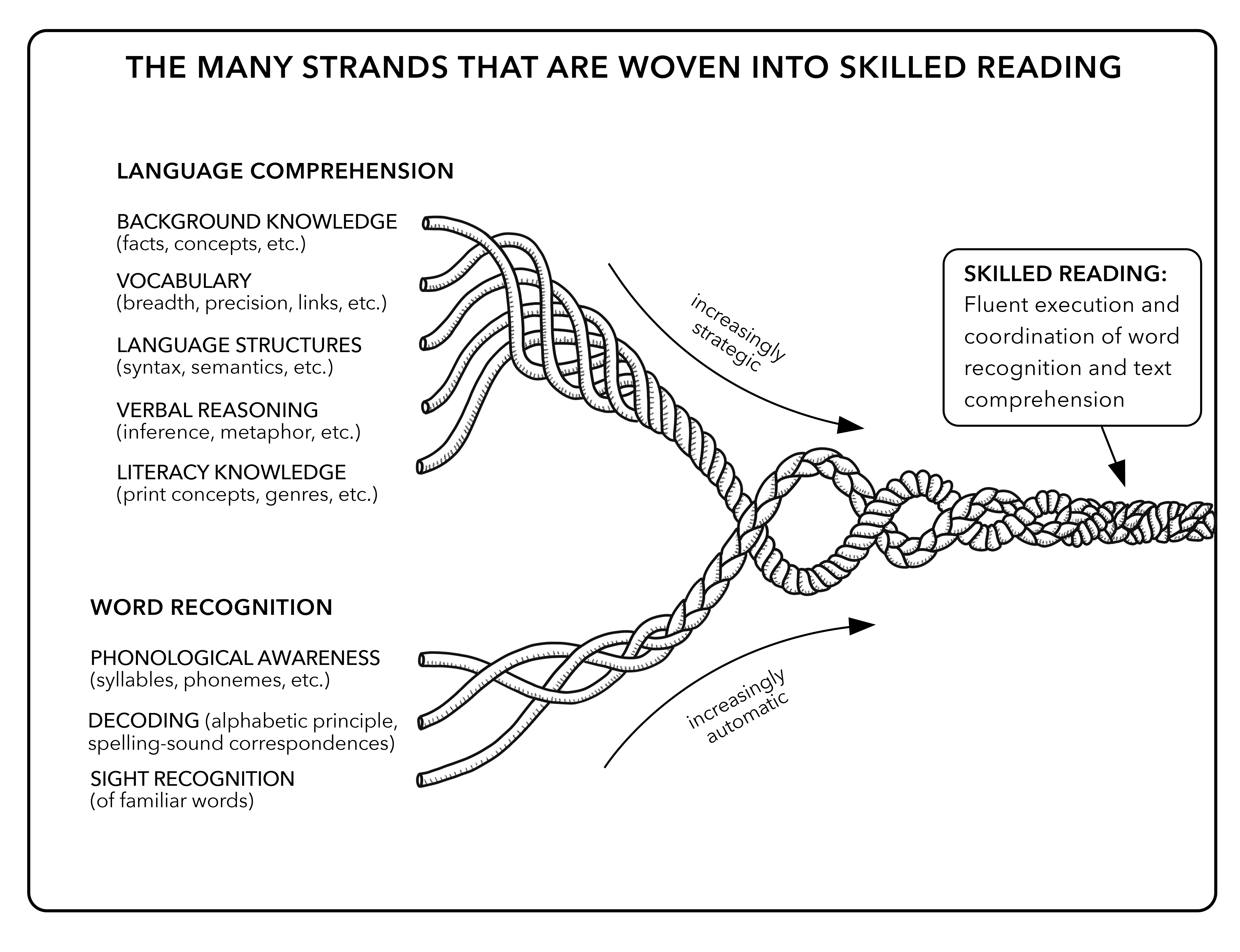 Image of Scarborough's Reading Rope made up of lower and upper strands depicting Language Comprehension and Word Recognition