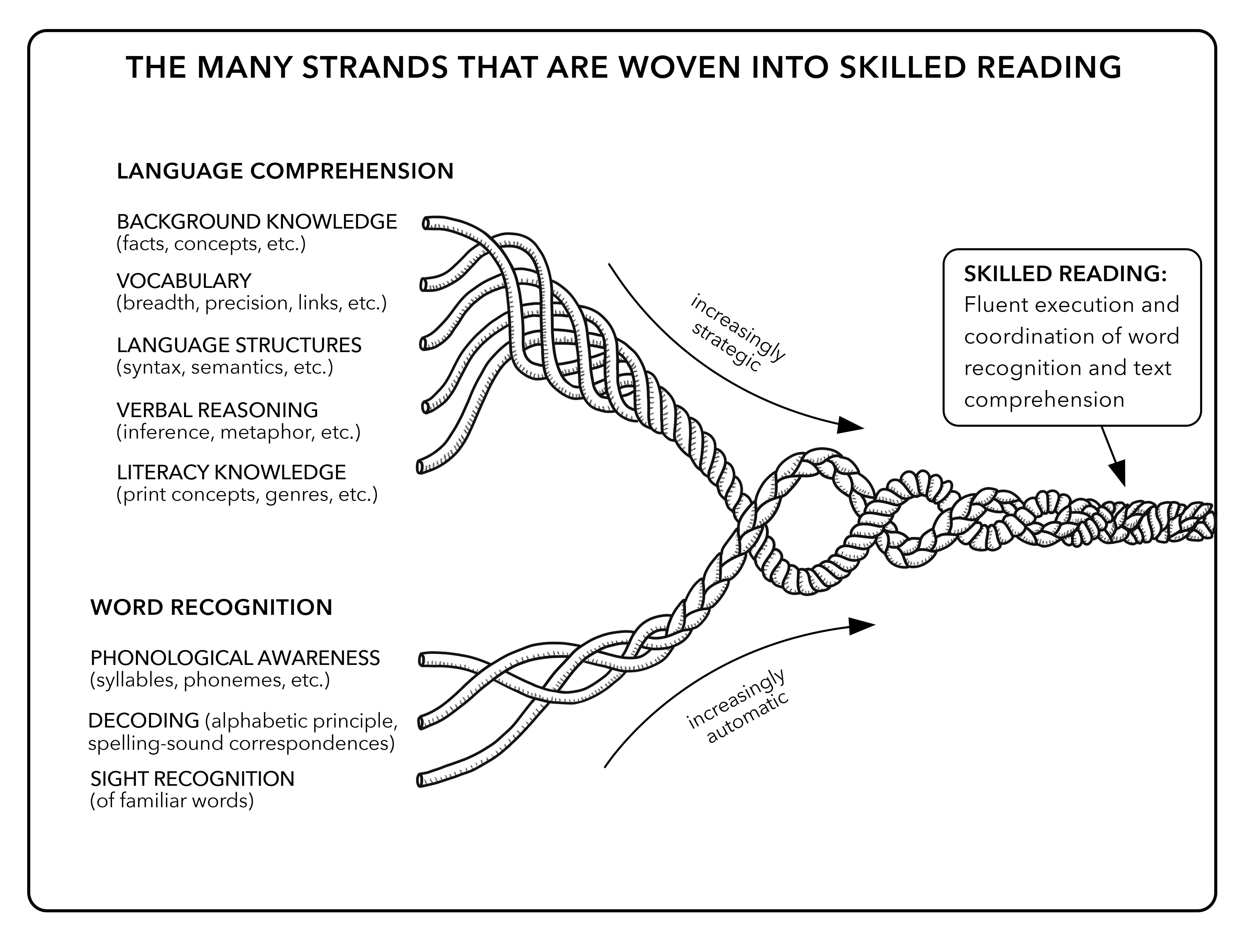 Image of Scarborough's Reading Rope made up of lower and upper strands depicting Language Comprehension and Word Recognition