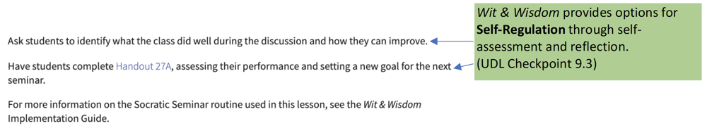 A section of text is referenced. The callout says, "Wit & Wisdom provides options for Self-regulation through self-assessment and reflection. (UDL Checkpoint 9.3)" The callout points to the following text, "Ask students to identify what the class did well during the discussion and how they can improve. Have students complete Handout 27A, assessing their performance and setting a new goal for the next semester. For more information on the Socratic Seminar routine used in this lesson, see the Wit and Wisdom Implementation Guide."