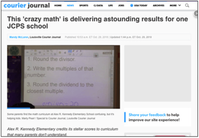 A screenshot of a news article about the school's success with Eureka Math.