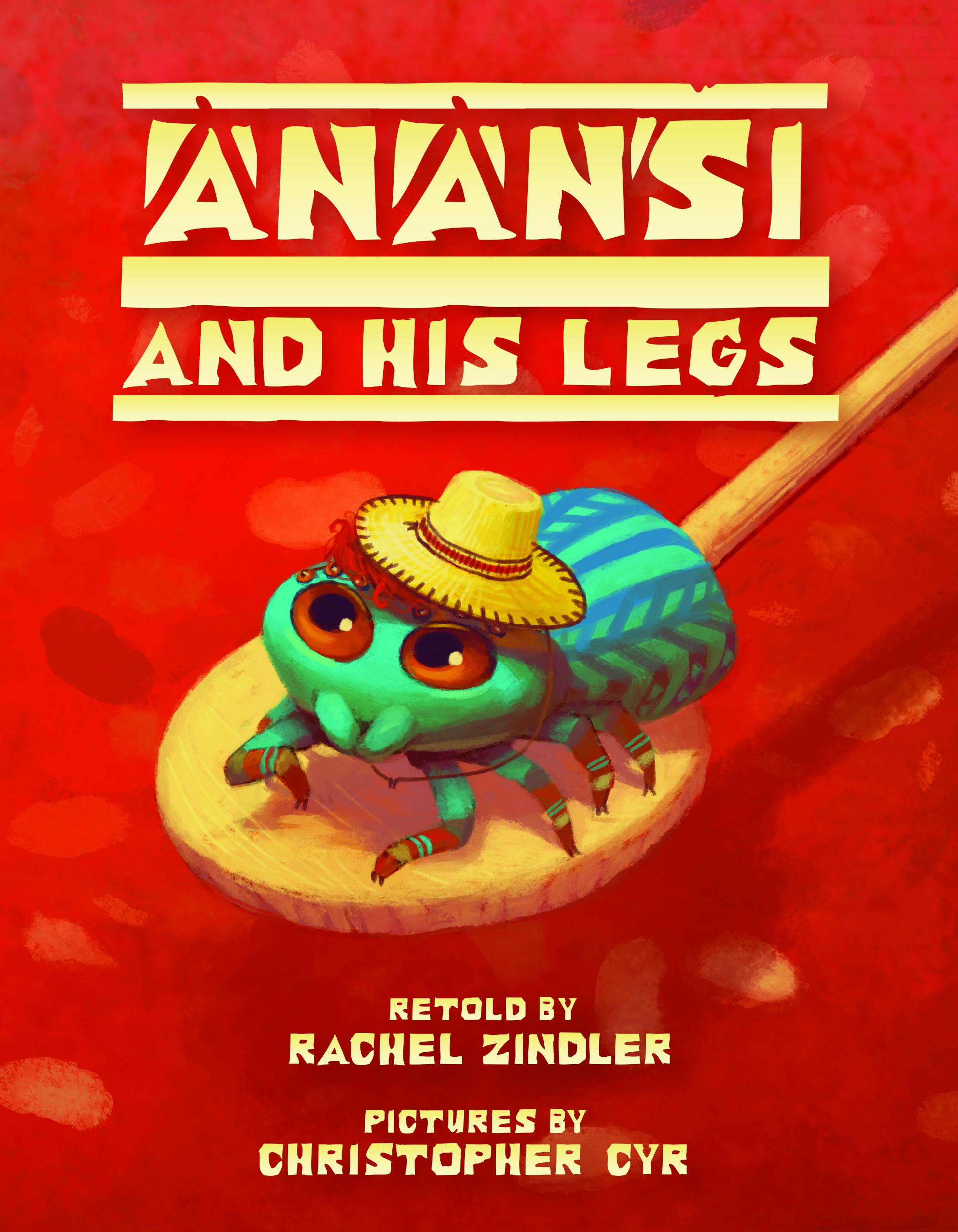 Anasi and His Legs book cover with green beetle wearing a hat on a spoon.