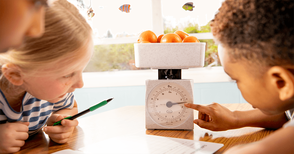 Students weighing fruit on a scale and discussing their observations. 