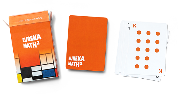 Three images of Eureka Math Squared branded playing cards. The far left images shows the card box with Eureka Math Squared logo. The center image shows the back of the playing cards. They are orange with a white logo in the bottom left corner. The image on the far right shows a pile of playing cards. The King, with 10 dots, is shown on top.