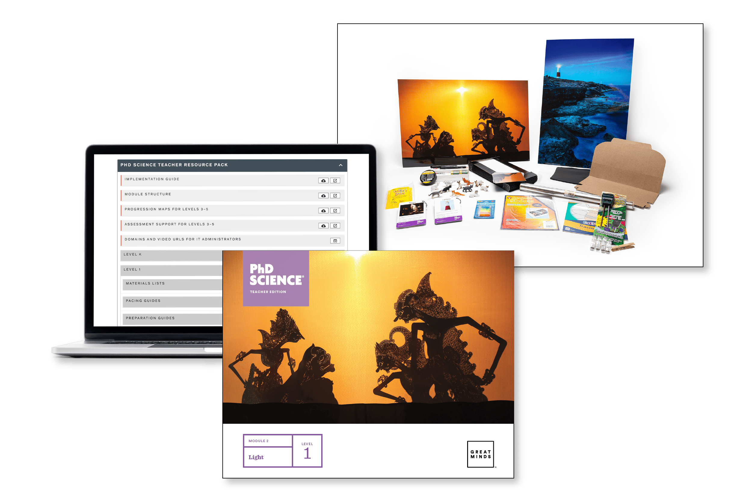 PhD Science components, including PhD Science Teacher Resource Pack, Level 1 Module 2 Teacher Edition, and Level 1 Module 2 materials kits