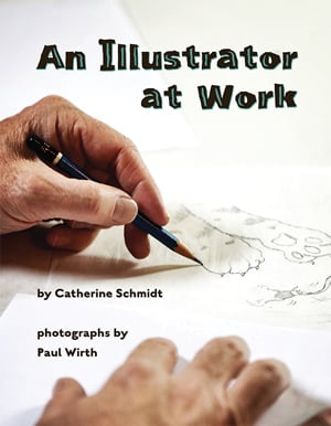 An Illustrator at Work book cover with hand sketching a pencil drawing of a paw.