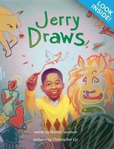 Look inside! Jerry Draws book cover with boy in yellow sweater drawing imaginative characters in the air.