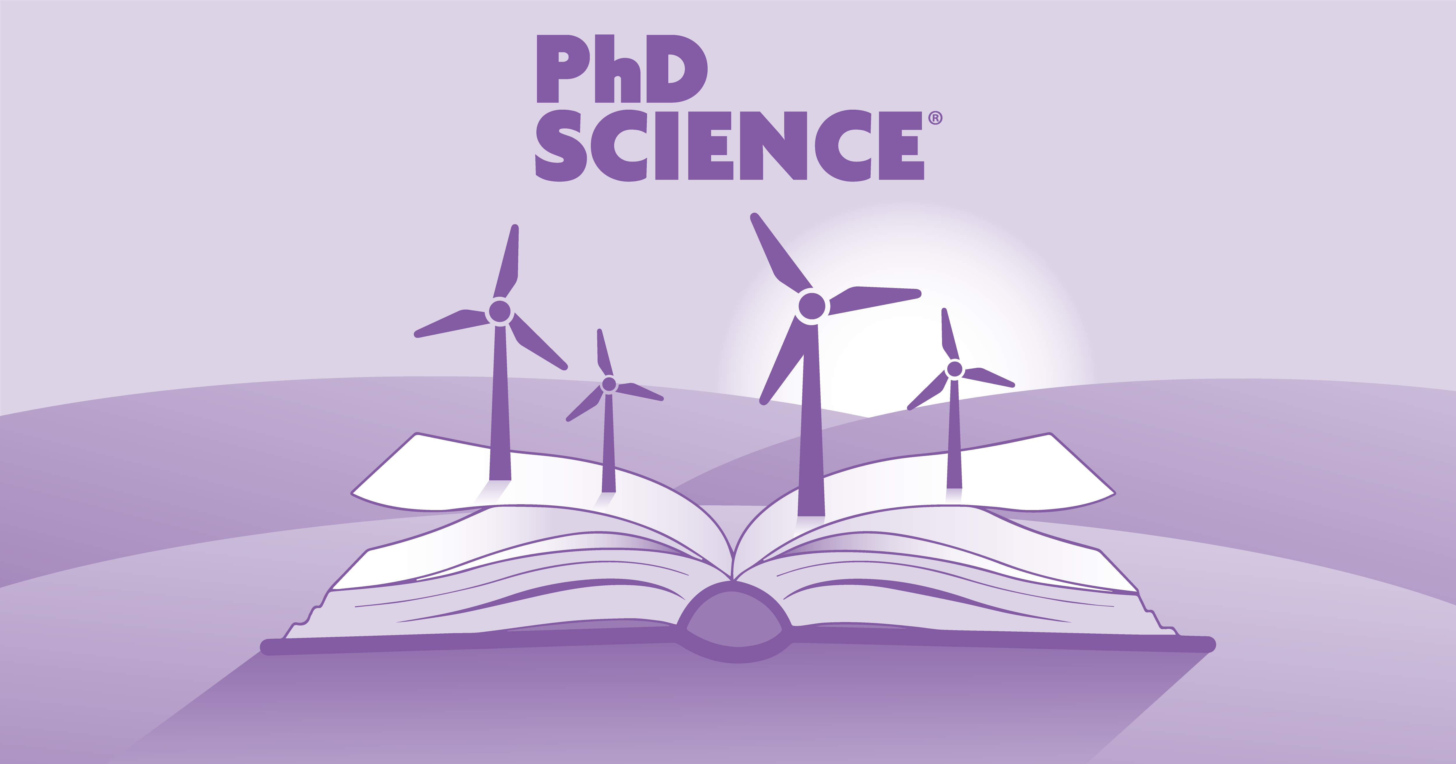 Purple graphic illustration of windmills on top of an opened book with hills in the back and the sun setting