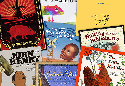 A collage of colorful children’s and classic book covers, including illustrated titles such as “The Boy Who Harnessed the Wind,” “Colorful World, Hear Then Speak,” and other picture and chapter books arranged side by side.