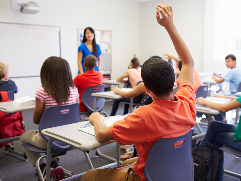 Student raising hand while educator looks on
