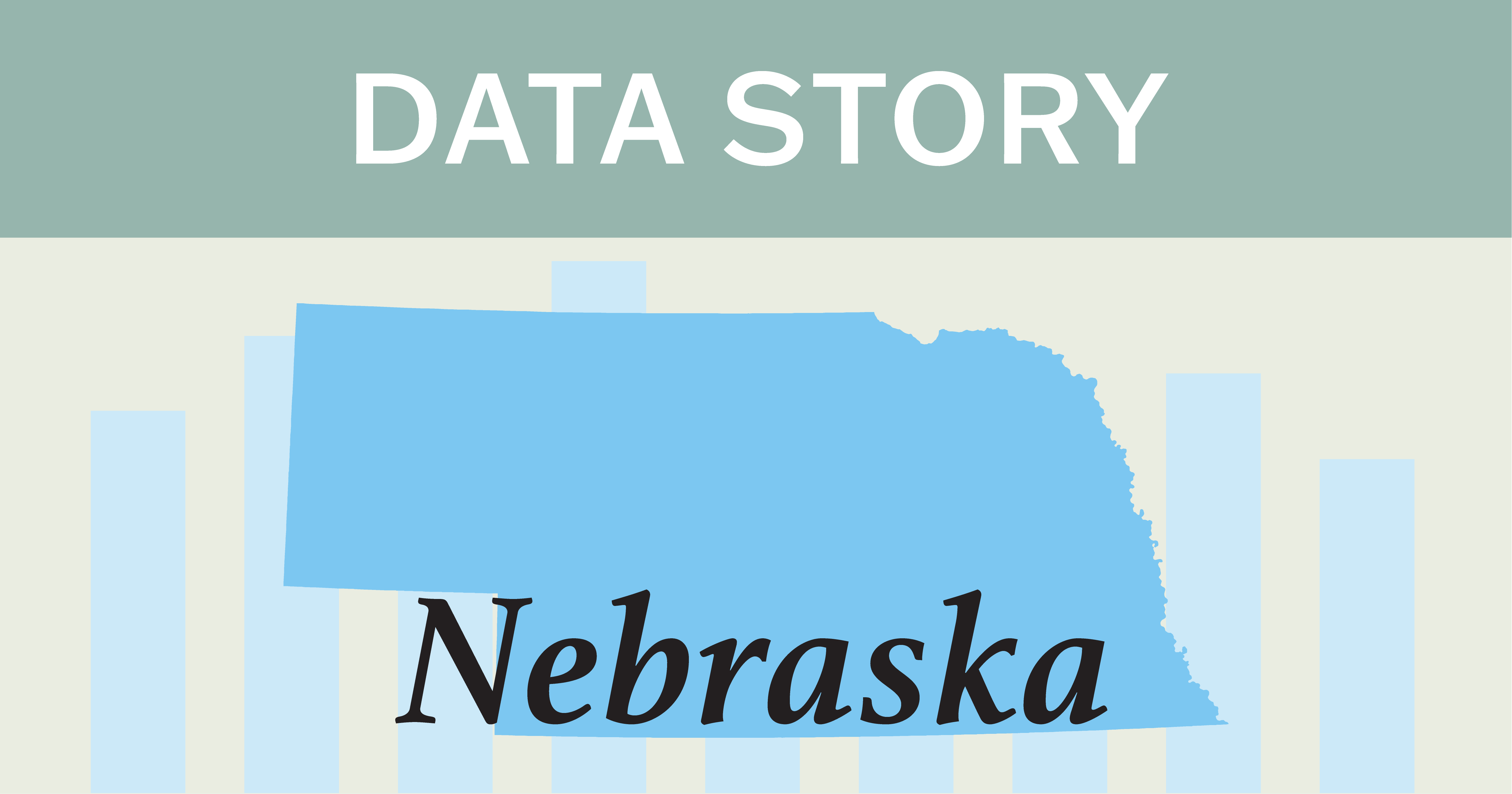 Outline of the state of Nebraska over a bar chart.