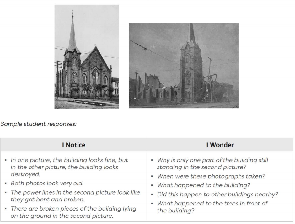 Two images of the same church are shown side-by-side with the image on the left depicting the church before the Galveston Hurricane struck in 1900 and the image on the right showing the church in ruin after the hurricane. Below the images reads, "Sample student responses:" with a chart below. The chart has two columns. The left column is titled, "I Notice," and the right column is titled, "I Wonder." Four statements are listed in each column. Under, "I Notice" reads: In one picture, the building looks fine, but in the other picture, the building looks destroyed. Both photos look very old. The power lines in the second picture look like they got bent and broken. There are broken pieces of the building lying on the ground in the second picture. Under the, "I wonder" column there are four questions: Why is only one part of the building still standing in the second picture? When were these photographs taken? What happened to the building? Did this happen to other buildings nearby? What happened to the trees in front of the buildling?